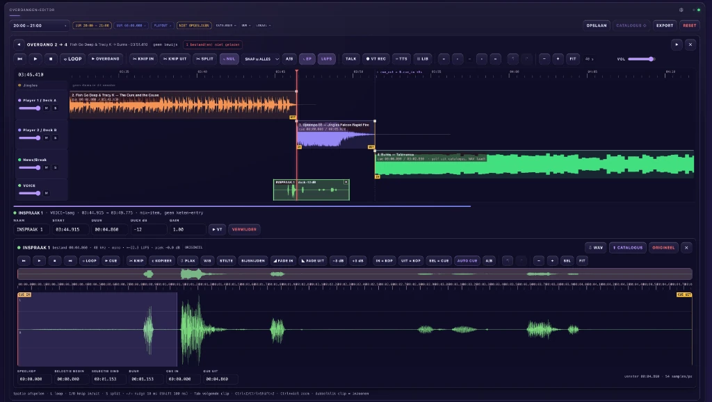 Transition editor with multiple tracks, voice recording and waveform editor