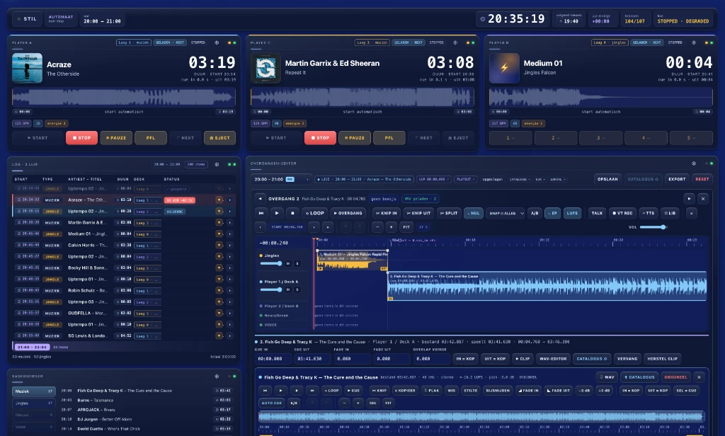 SAITS Live Studio with three players, hour log, transition editor and base browser