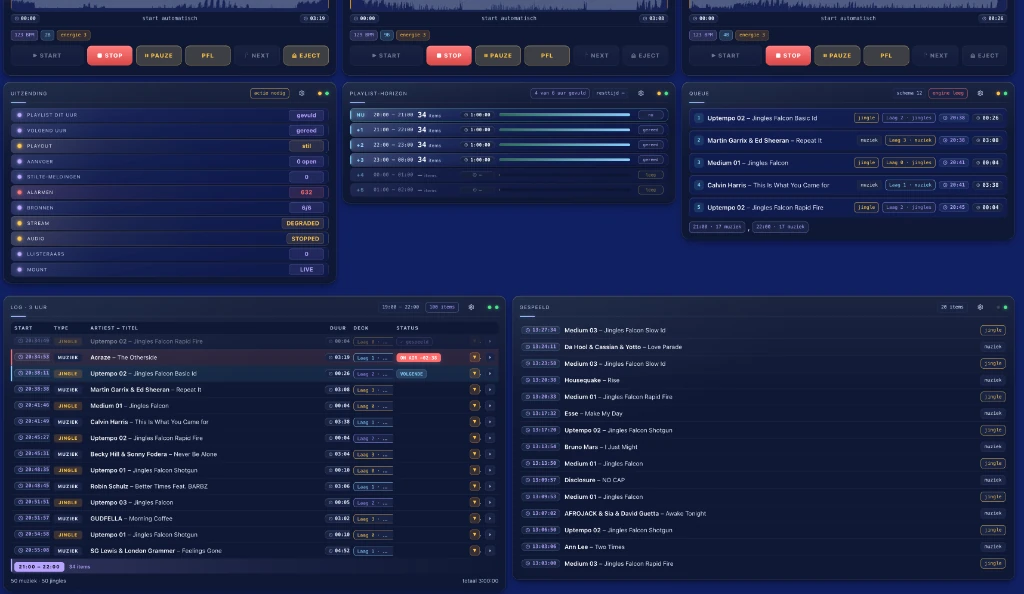 Broadcast status, playlist horizon, queue, hour log and played list